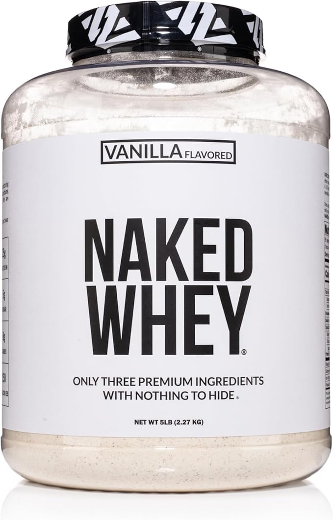 Naked Vanilla Whey Protein Powder - All Natural Grass Fed Whey Protein Powder, Vanilla Flavor, Organic Coconut Sugar, 5Lb Bulk, GMO-Free, Soy Free, Gluten Free - 61 Servings