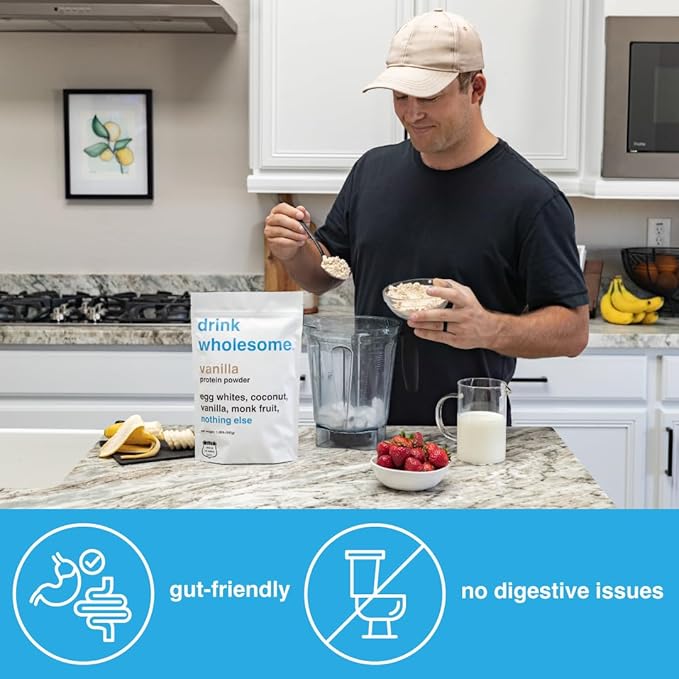 drink wholesome Vanilla Egg White Protein Powder | for Sensitive Stomachs | Gut Friendly | Dairy Free | No Artificial Sweeteners or Stevia | Carnivore, Keto, Low Carb & Paleo | for Kids & Seniors
