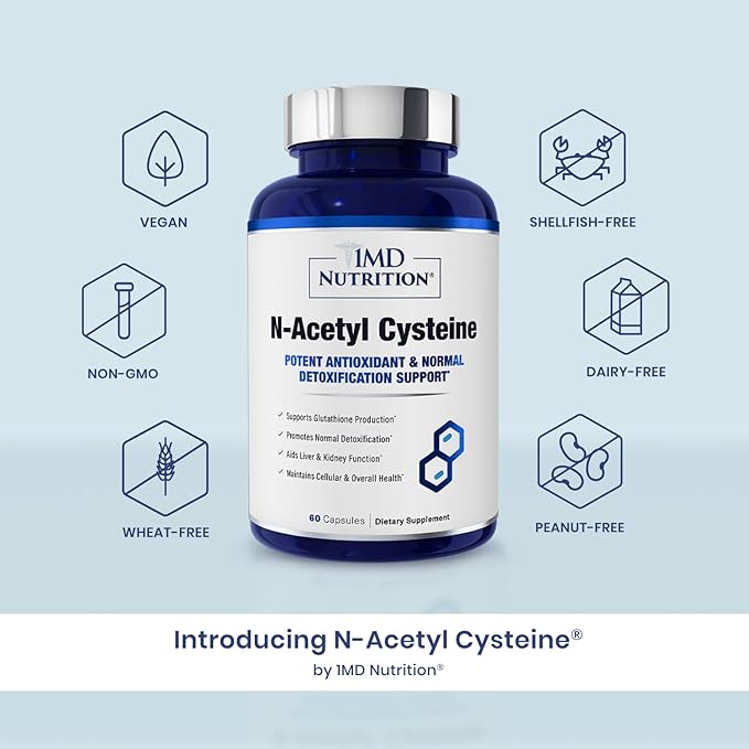1MD Nutrition NAC Supplement N-Acetyl Cysteine - NAC 600 mg - Antioxidant Supplement Supports Detox and Glutathione Production - N Acetylcysteine Respiratory Supplement for Lung Health - 60 Capsules