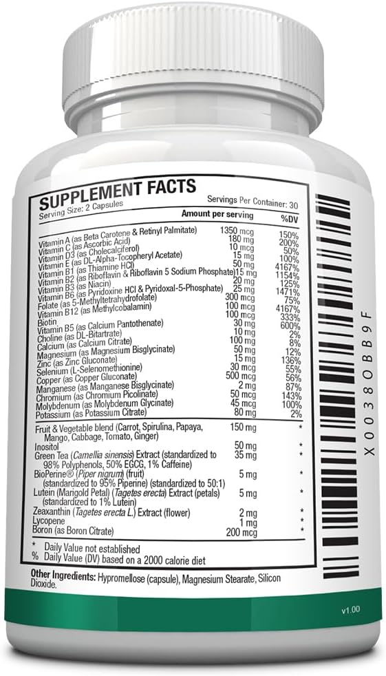 Approved Science Multi-Vitamin - with Full-Spectrum B-Vitamins, Green Tea, Lutein, Lycopene, Zeaxanthin, BioPerine - 60 Capsules - 1 Month Supply