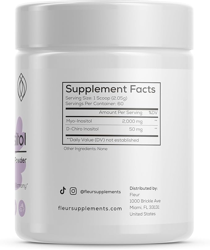 FLEUR Myo-Inositol & D-Chiro Inositol Powder, Hormone Balance and Ovarian Function Support for Women,Supplement for PCOS Symptom Relief, Regulates Menstrual Cycle, Unflavored, 4.34oz (123g)