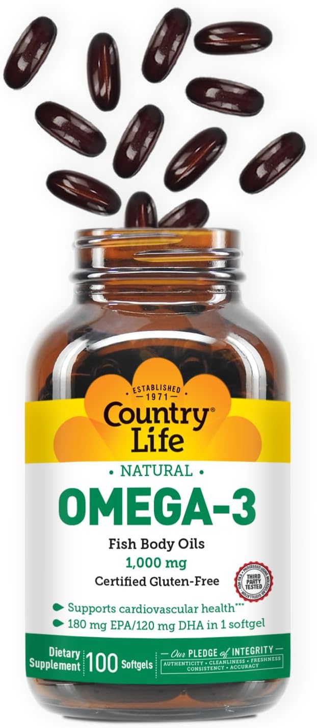 Country Life Omega-3 Fish Oil Supplement, 1000mg, 180mg EPA & 120mg DHA, Fish Oil Concentrate, Burpless, 100 Softgels, Certified Gluten Free