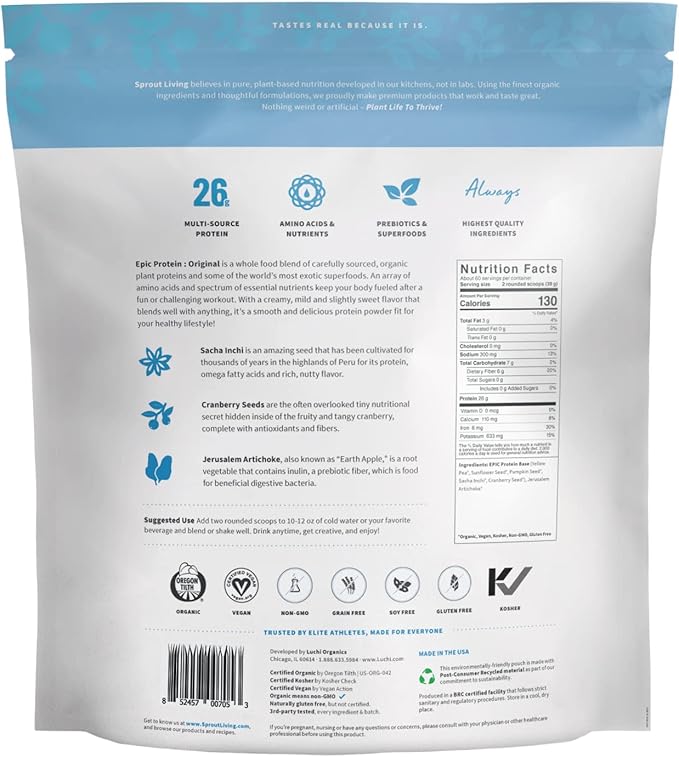 Sprout Living Plant Based Protein & Superfoods Powder, Original, Unflavored | Organic Protein Powder, Vegan, Non Dairy, Non-GMO, Gluten Free, Sugar Free, Perfect Keto Drink Mix (5 lb)