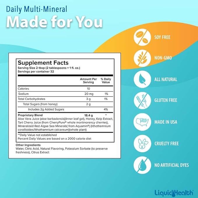 LIQUIDHEALTH Daily Multi Mineral Liquid Supplement with Fulvic Acid, Plant Based Ionic Aquamin Sea Trace Ocean Minerals - Immune Support, Energy, Gut Health, Detox - Vegetarian, Sugar-Free (2 Pack)