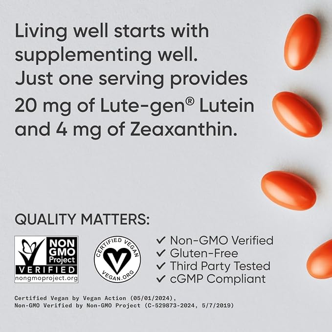Sports Research Vegan Lutein + Zeaxanthin (20mg) with Organic Coconut Oil for Better Absorption - Supports Vision & Eye Health - Vegan Certified & Non-GMO Verified (120 Softgels)