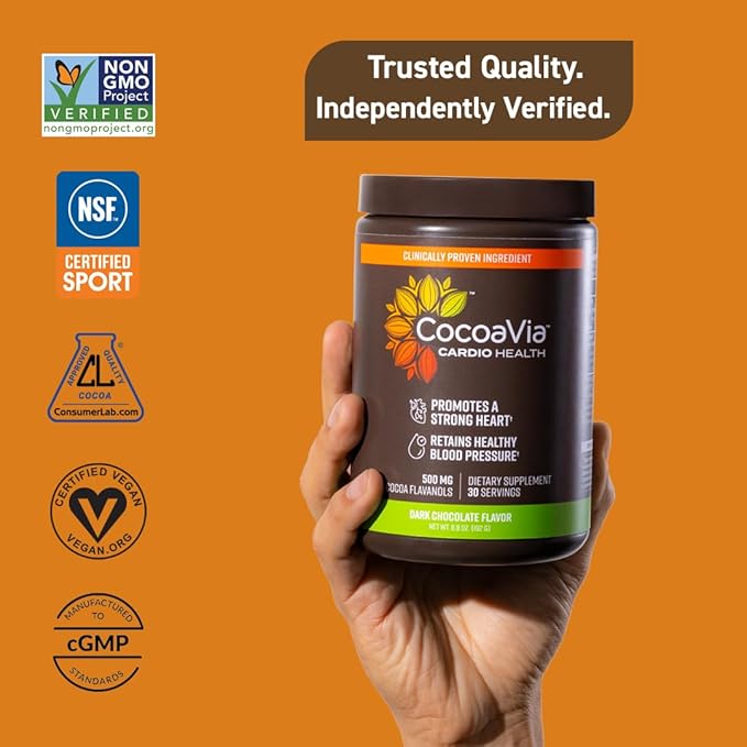 CocoaVia Cardio Health Cocoa Powder, 30 Servings, 500mg Cocoa Flavanols, Support Heart Health, Boost Nitric Oxide, Improve Circulation, Energy, Preworkout, Vegan, Dark Chocolate Cacao
