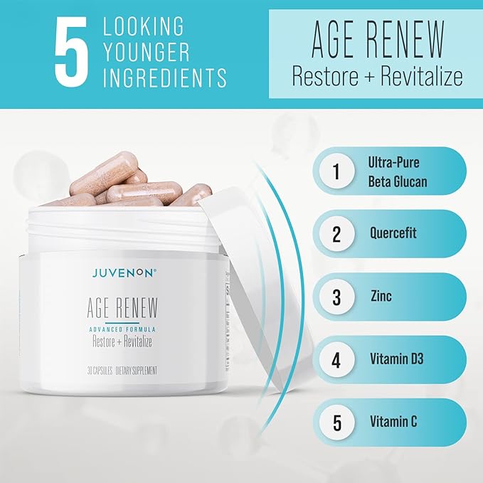 Juvenon AgeRenew Beta Glucan Anti Aging Immunity Support Supplement, Beta Glucan with Zinc Quercetin for Immune Defense Boost