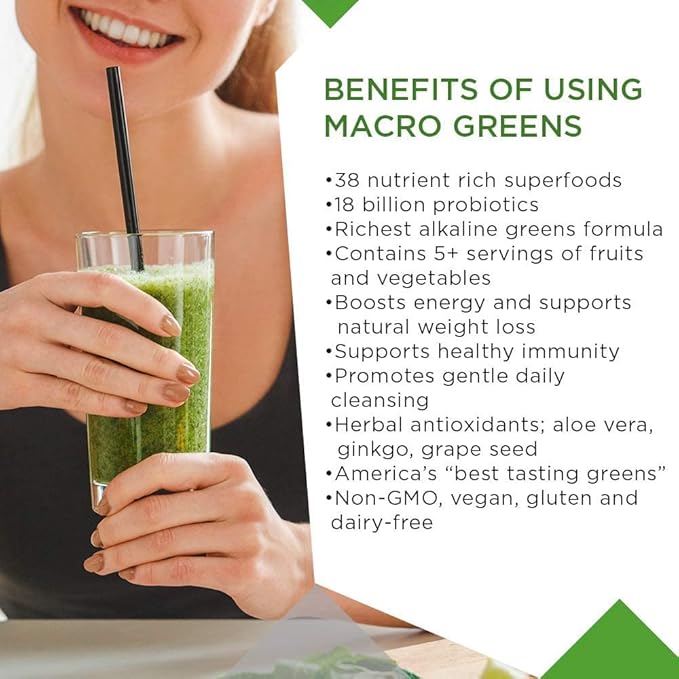 MacroLife Naturals Macro Greens Powder 38 Superfood Probiotic Antioxidant Enzyme & Herbal Supplement Immunity Energy Cleanse - Non-GMO Vegan Gluten-Free Dairy-Free - 12 Packet Servings