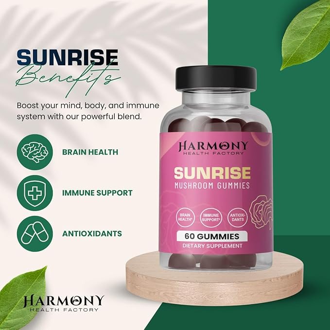 SUNRISE 10x Potency Mushroom Supplement Gummies for Energy, Mood and Immune Support with Organic Lion's Mane, Cordyceps, Reishi, Chaga and Turkey Tail Nootropic Adaptogenic Raspberry Flavor 60 Count
