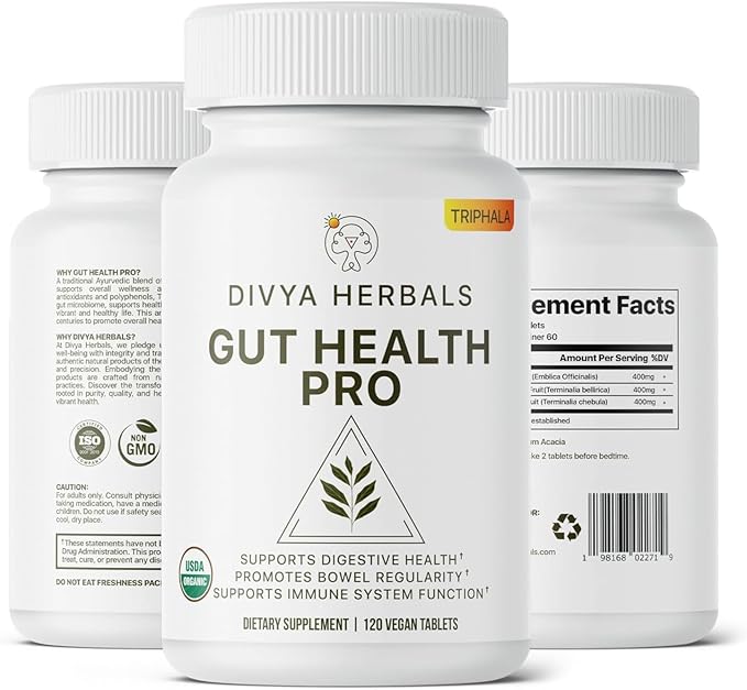 Gut Health Pro - Detox, Digestive Health, Gas & Bloating Relief - Constipation Support - Immune Boost - Organic Triphala Supplement - for Women & Men - Uncoated Vegan Tablets - 60 Svgs