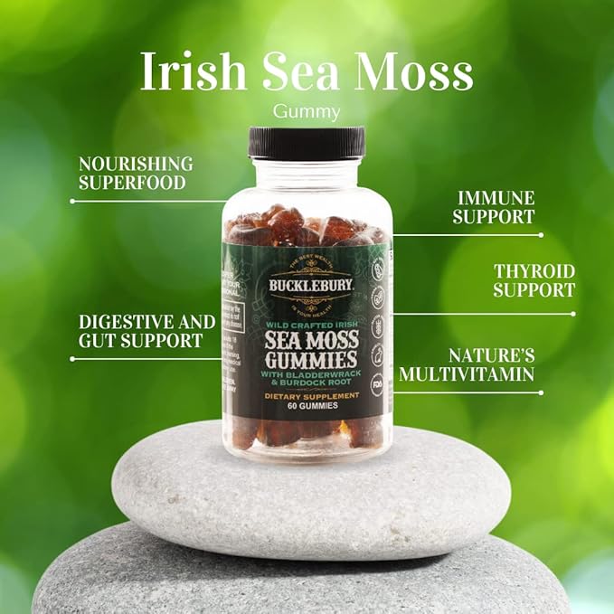 Wild Crafted Irish Sea Moss Gummies with Bladderwrack & Burdock Root - Chewable Natural Multivitamin Vegan Gummies for Immune, Thyroid, Digestive, and Gut Support - 60 Gummies