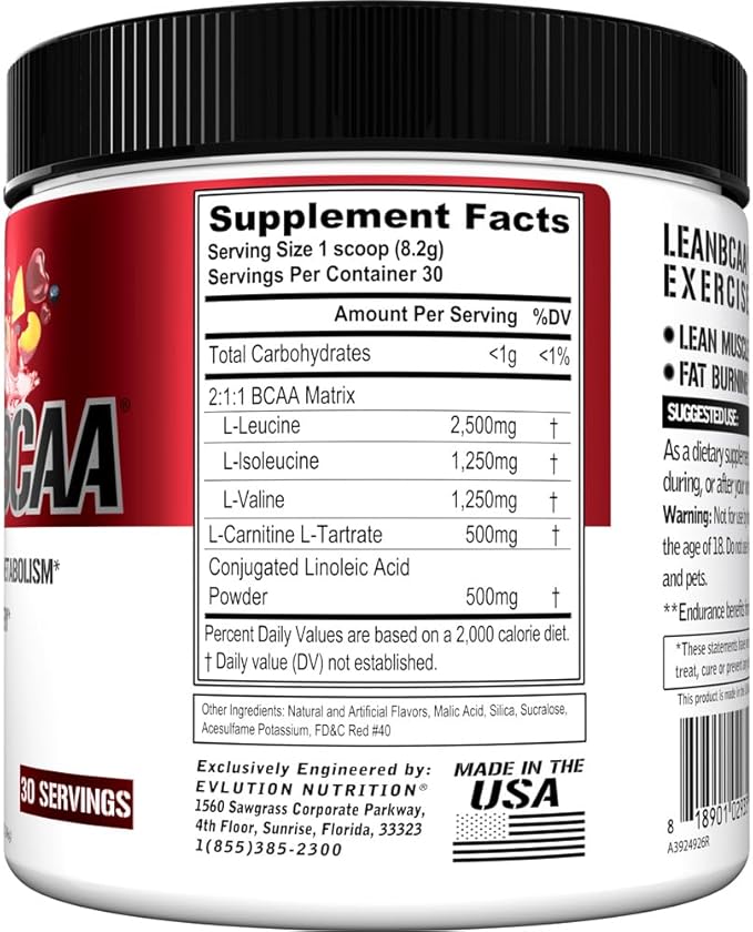 Evlution Stimulant Free Lean BCAA Powder Nutrition BCAAs Amino Acids Powder with CLA Carnitine and 2:1:1 Branched Chain Amino Acids Supports Muscle Recovery Fat Burn and Metabolism - Fruit Punch