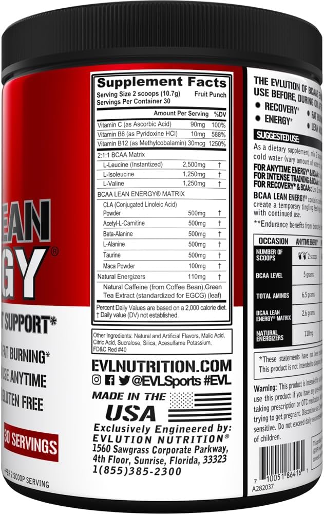EVL BCAA Lean Energy Powder - Pre Workout Green Tea Fat Burner Support with BCAAs Amino Acids and Clean Energizers - BCAA Powder Post Workout Recovery Drink for Lean Muscle Recovery - Fruit Punch