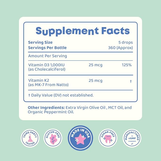 JoySpring Vitamin D3 Kids Drops with K2 – Liquid Supplement for Calcium Absorption & Joint Health – 360 Servings (2 fl oz) – Vitamin D Kids Ages 3-18