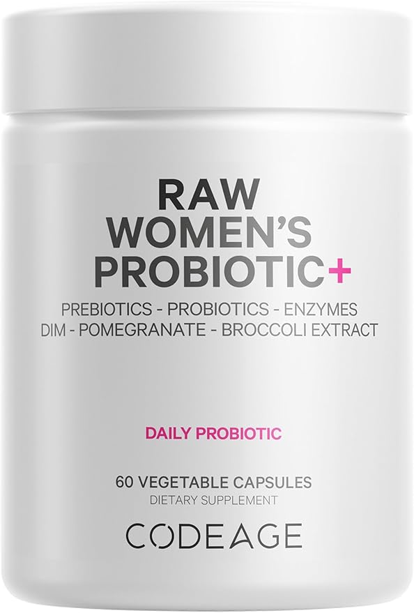 Codeage Raw Women’s Probiotic+ Supplement - 34 Probiotic Strains, 100 Billion CFUs, Digestive Enzymes, Prebiotic Blend, DIM, Herbal Extracts, Phytonutrients - Non-GMO - 30 Capsules