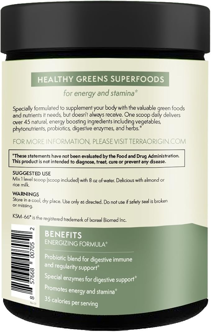 TERRA ORIGIN Superfoods Greens for Immune Defense and Digestive Support | with Spirulina, Probiotics, Organic Vegetables, Digestive Enzymes | Non-GMO | 30 Servings | Mint Flavor