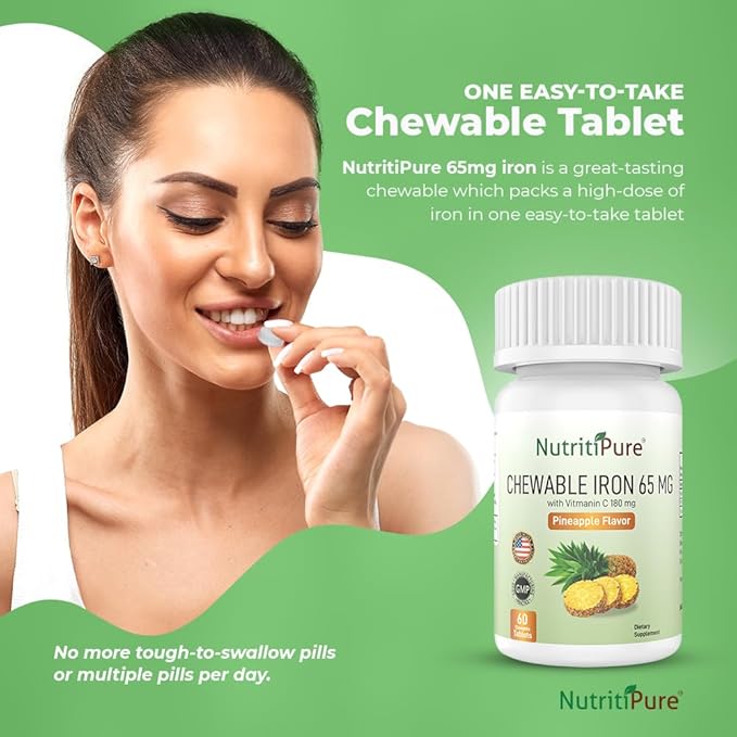 Chewable Iron 65 mg with Vitamin C 180 mg - Tablet in Pineapple Flavor 60 Count (2)