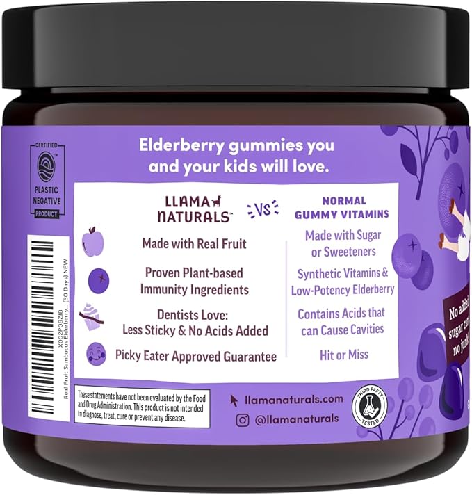 Llama Naturals Elderberry Gummies for Kids, Vegan, Organic Immune Support Supplement with Vitamin C and Zinc, Toddler Real Fruit Gummy Vitamins for Immunity, Chewable, No Added Sugar Cane, 120 Ct