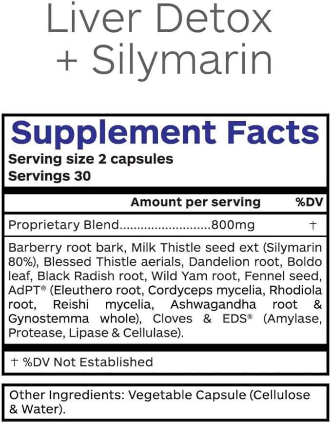 Liver Detox and Cleanse Supplement, Herbal Liver Support Supplement with Milk Thistle Seed Extract, Silymarin 80%, Organic Blessed Thistle, Dandelion Root, - 60 Vegetarian Capsules