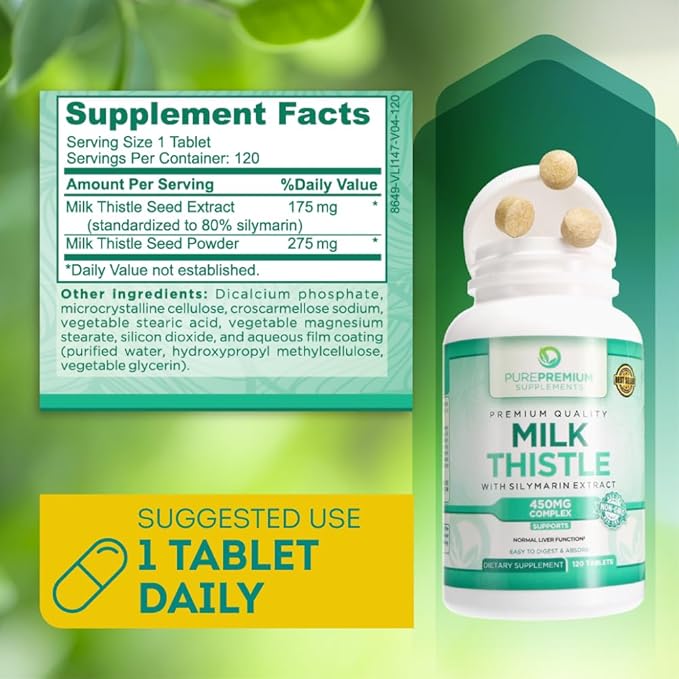 PurePremium Milk Thistle Supplement with Silymarin - 450mg Complex Normal Liver Support Supplement - Milk Thistle Extract for Normal Liver Function - 120 Tablets