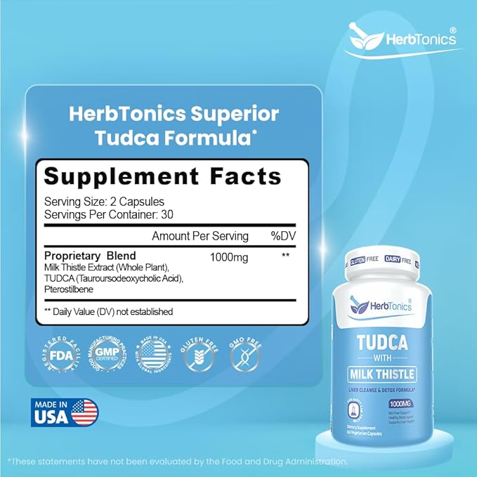 Herbtonics TUDCA & Milk Thistle 1000mg | Liver Cleanse, Detox & Repair Supplement | Bile Salts for Gallbladder Support & Liver Health | Pterostilbene Enhanced Tudca Supplement | 60 Vegan Capsules