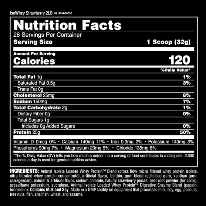Animal Whey Isolate Protein Powder - Loaded for Pre & Post Workout Muscle Builder and Recovery with Digestive Enzymes for Men & Women - 25g Protein, Great Taste, Low Sugar - Strawberry 2 lbs
