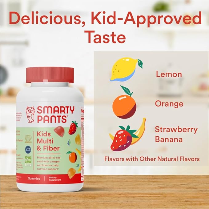 SmartyPants Kids Formula & Fiber Daily Gummy Vitamins: Gluten Free, Multivitamin Omega 3 Fish Oil (Dha/Epa), Fiber, Methyl B12, vitamin D3, Vitamin B6, 90 Count (22 Day Supply) - Packaging May Vary