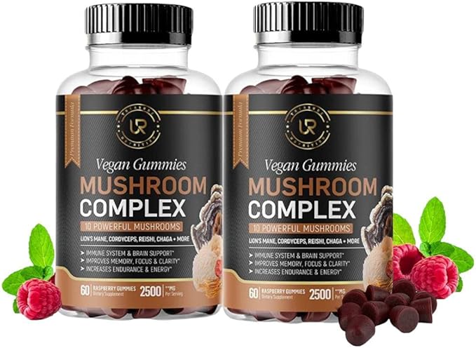 Mushroom Gummies | 10 Mushroom Supplement | 2 pack | Turkey Tail, Chaga, Reishi, Cordyceps & Lions Mane Organic Mushroom Extracts, Nootropic Brain Booster for Focus, Memory, Clarity, Energy | 120ct
