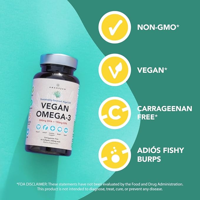 AMANDEAN Vegan Omega 3 Supplement. Premium Fish Oil Alternative. Algae DHA & EPA. Carrageenan Free Softgels. Algal Essential Fatty Acids. Plant Based Heart, Brain, Eye, Skin, Immune Support. (60ct)