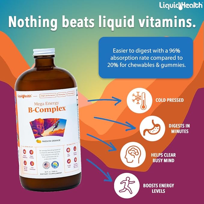 LIQUIDHEALTH Mega Energy Methylated B-Complex, Adult Liquid Vitamin Supplement - Increase Energy, Relieve Stress & Fatigue, Immune System Support, Heart & Gut Health - Vegan, Sugar-Free (3 Pack)