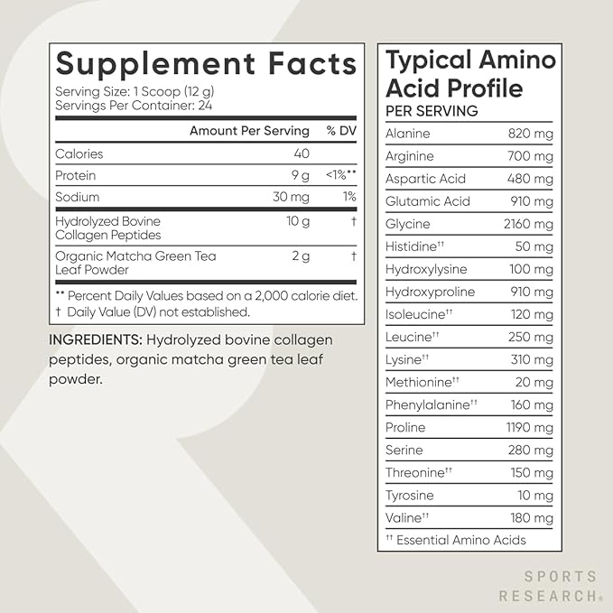 Sports Research Premium Collagen Peptides Powder and Organic Matcha Green Tea - Collagen Powder Protein Supplement with Japanese Matcha and Amino Acids - Gluten Free, Non-GMO, Sugar Free