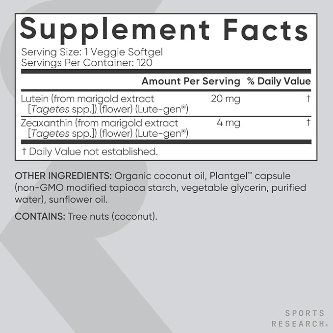Sports Research Vegan Lutein + Zeaxanthin (20mg) with Organic Coconut Oil for Better Absorption - Supports Vision & Eye Health - Vegan Certified & Non-GMO Verified (120 Softgels)