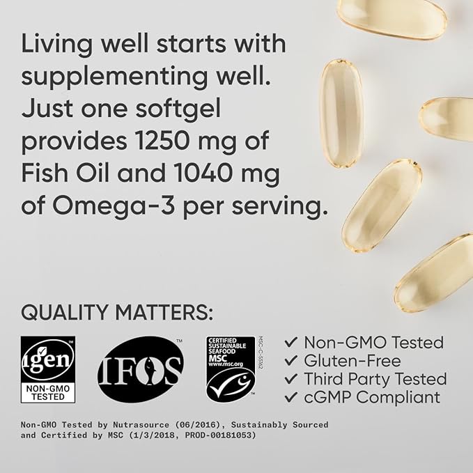 Sports Research Triple Strength Omega 3 Fish Oil - Burpless Fish Oil Supplement w/EPA & DHA Fatty Acids from Single-Source Wild Alaskan Pollock - 1250 mg, 90 ct