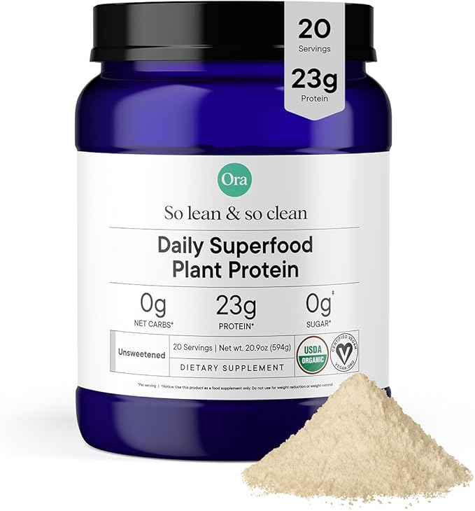 Ora Organic Vegan Protein Powder - 23g Plant Based Pea Protein + Superfood for Women and Men - Unsweetened 20 Servings, No Erythritol, Digestive Enzyme, Keto-Friendly, Gluten-Free, Paleo, Soy-Free