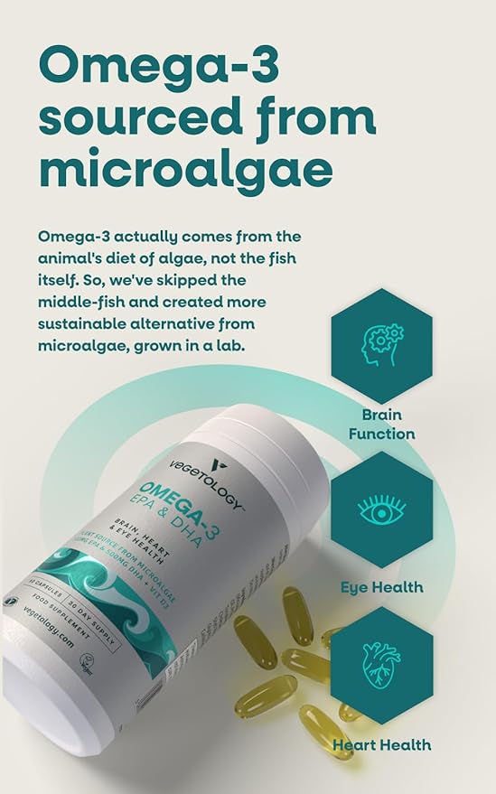 Vegan Omega 3 Supplement (60 Capsules) – Omega-3, EPA, Vitamin D3 & DHA Supplements - Algae Omega 3 Vegan Supplements for Brain, Eye, & Heart Health – Omega 3 for Kids & Adults