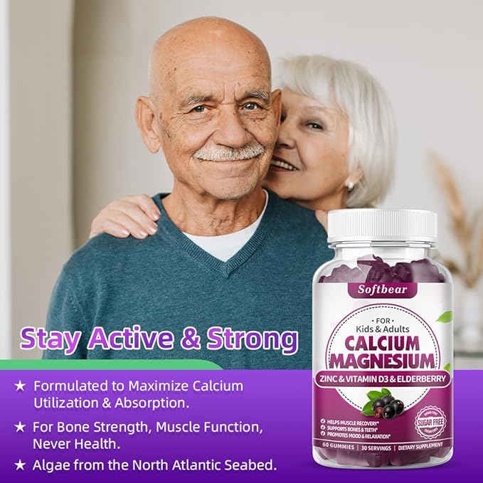 softbear Calcium Magnesium Zinc Gummies for Women, High Absorption Calcium Magnesium Supplement Chewable Calcium 600 mg for Bone Strength Vegan Elderberry Flavor 60 Gummies