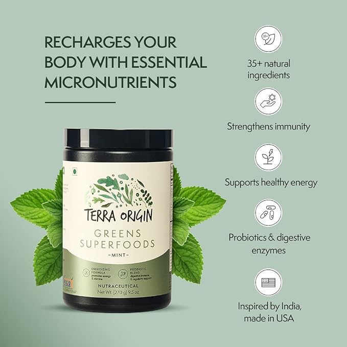 TERRA ORIGIN Superfoods Greens for Immune Defense and Digestive Support | with Spirulina, Probiotics, Organic Vegetables, Digestive Enzymes | Non-GMO | 30 Servings | Mint Flavor