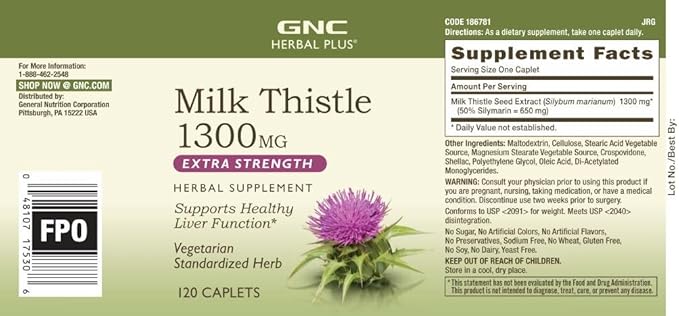 GNC Herbal Plus Milk Thistle 1300mg, Twin Pack, 120 Caplets per Bottle, Supports Healthy Liver Function