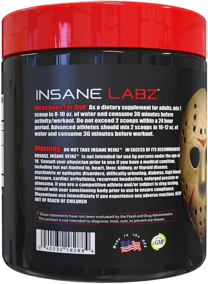 Insane Labz Insane Veinz Non Stimulant NO Enhancing Powder, Nitric Oxide Booster, Loaded with Agmatine Sulfate and Betaine Anhydrous, Increase Vascularity, 35 Srvgs, Fruit Punch
