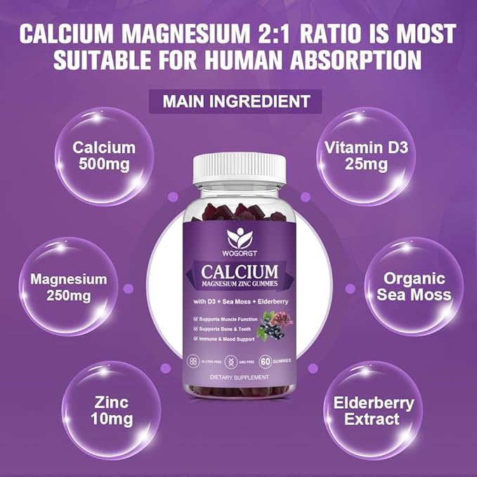 Calcium Magnesium Zinc Gummies with Vitamin D3 - High Absorption Complex Calcium Supplement with Sea Moss, Elderberry for Bone, Muscles, Immune, Mood & Sleep Support, Vegan - 60 Gummies (2 Pack)