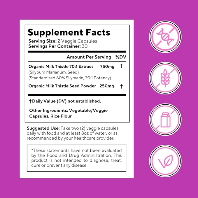 Organic Milk Thistle Supplement 70:1 Extract, 80% Silymarin, Liver Cleanse Detox & Repair, Liver Health Support, Antioxidants - 60 Vegan Capsules, Non-GMO, Gluten-Free