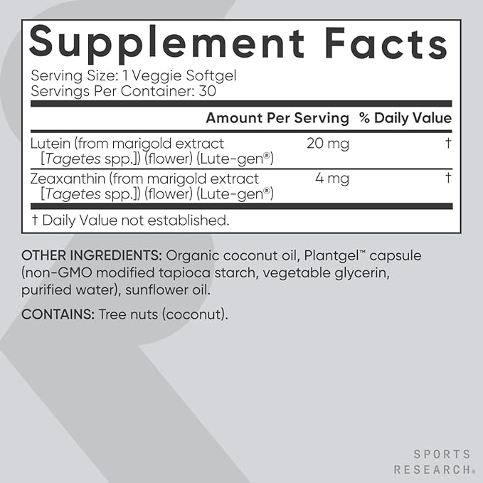 Sports Research® Vegan Lutein 20mg with Zeaxanthin & Organic Coconut Oil - Supports Vision & Eye Health - Vegan Certified · Non-GMO · Gluten Free (30 Softgels)