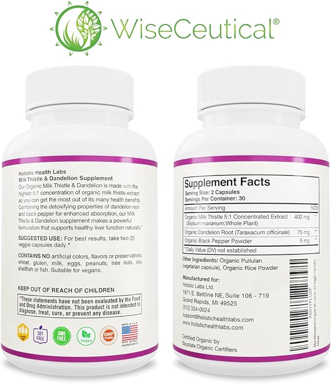 Max Absorption USDA Organic Milk Thistle Potent 5:1 Concentrated Extract (2000mg Strength) & Organic Dandelion Root | Silymarin Antioxidant Flavonoid | Liver Support Supplement (60 Count (Pack of 3))