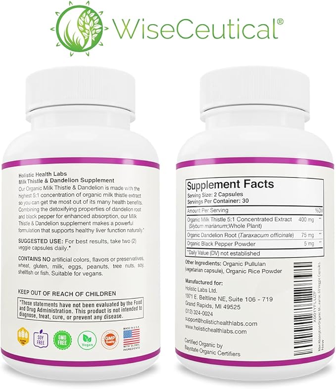 Max Absorption USDA Organic Milk Thistle Potent 5:1 Concentrated Extract (2000mg Strength) & Organic Dandelion Root | Silymarin Antioxidant Flavonoid | Liver Support Supplement (60 Count (Pack of 2))