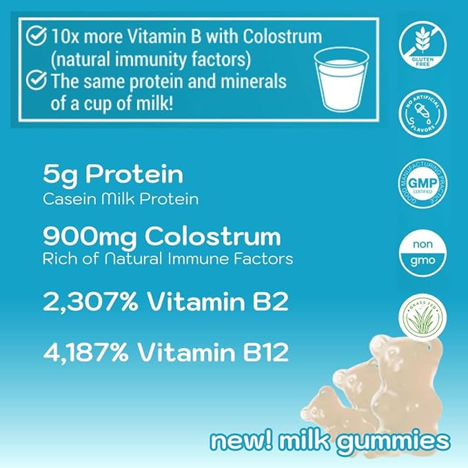 Colostrum Gummies for Kids Adults Elderly | Colostrum Milk Protein Gummies with Vitamin B Complex | Sugar Free 60 ct