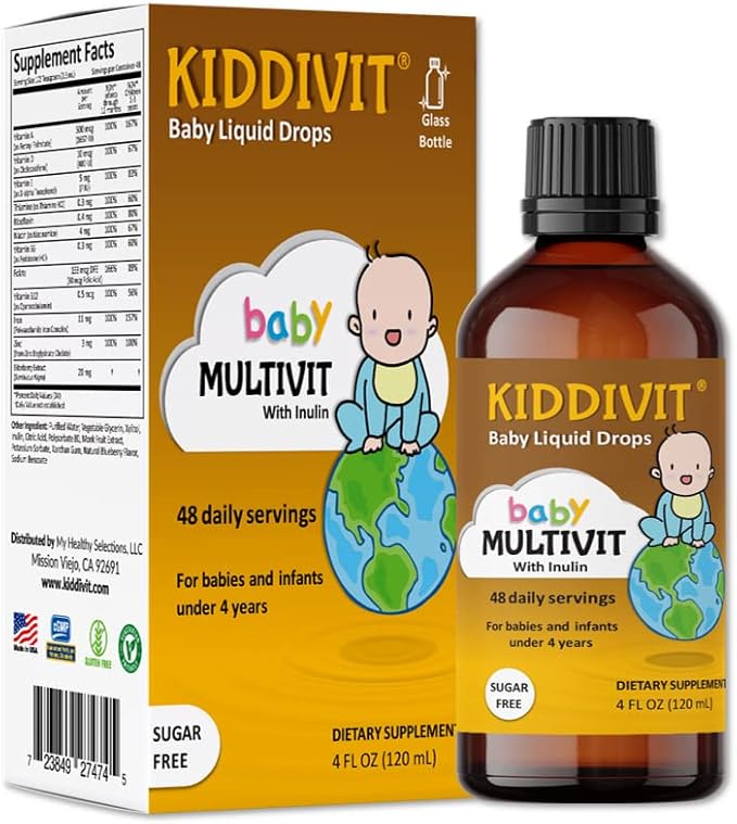 Kiddivit Baby Multivitamin Liquid Drops with Inulin - 48 Daily Servings, 4 Fl Oz (120mL) - Glass Bottle - Sugar Free, Gluten Free, Vegetarian Friendly