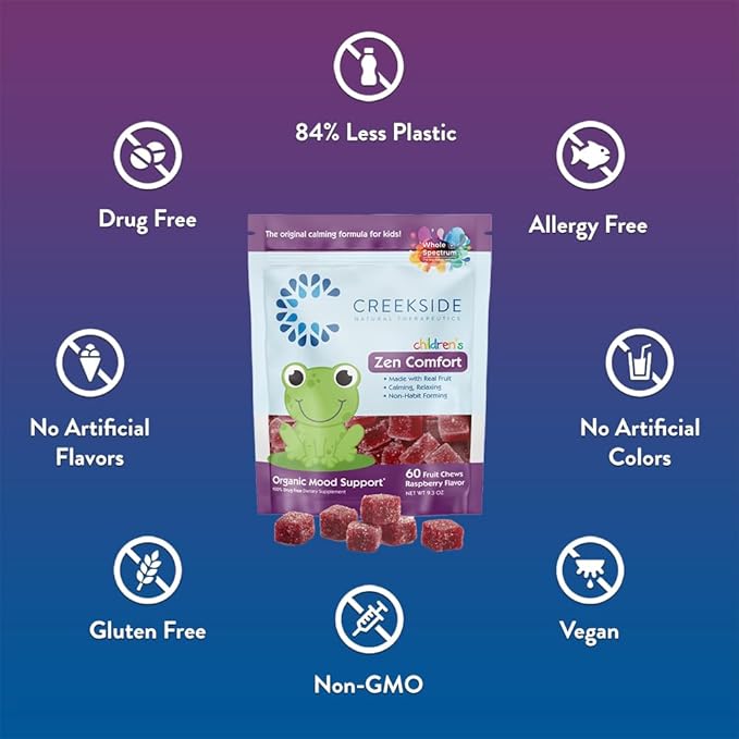 Zen Comfort for Kids, Organic Relaxation Support with 5-HTP, L-Theanine, Passionflower, Pediatrician Formulated, Vegan Gummies, Raspberry Flavor, 60 Real Fruit Chews
