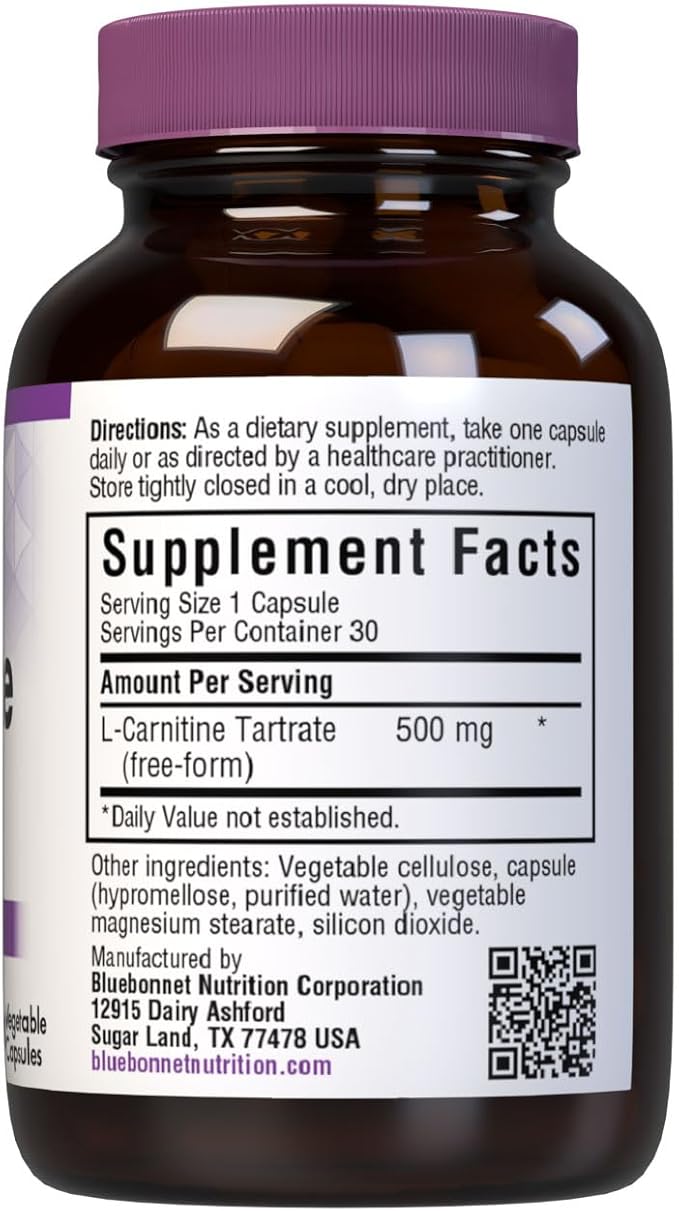 BlueBonnet L-Carnitine 500 mg Vitamin Capsules, White, 60 Count