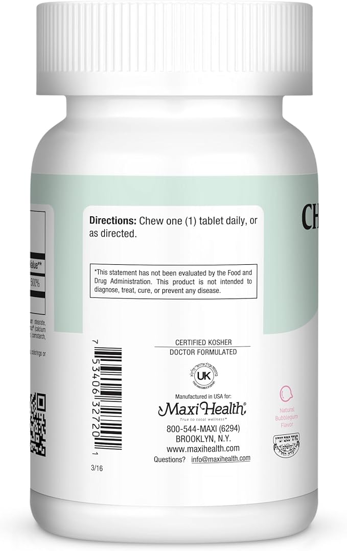 Maxi Health Chewable Vitamin D3 2000 IU Supplement - Delicious Natural Bubble Gum Flavor - Supports Calcium Absorption, Immune and Bone Health in Adult Women, Men, Children & Toddlers - 200 Chews