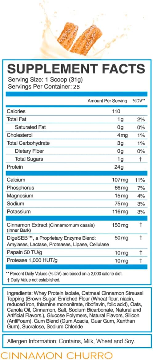 eFlow Nutrition 100% Whey Protein Isolate - Lactose-Free Digestive Enzymes Added, Low Carb, Post Workout Shake, Fast Digesting for Optimal Muscle Recovery - Cinnamon Churro (26 Servings)